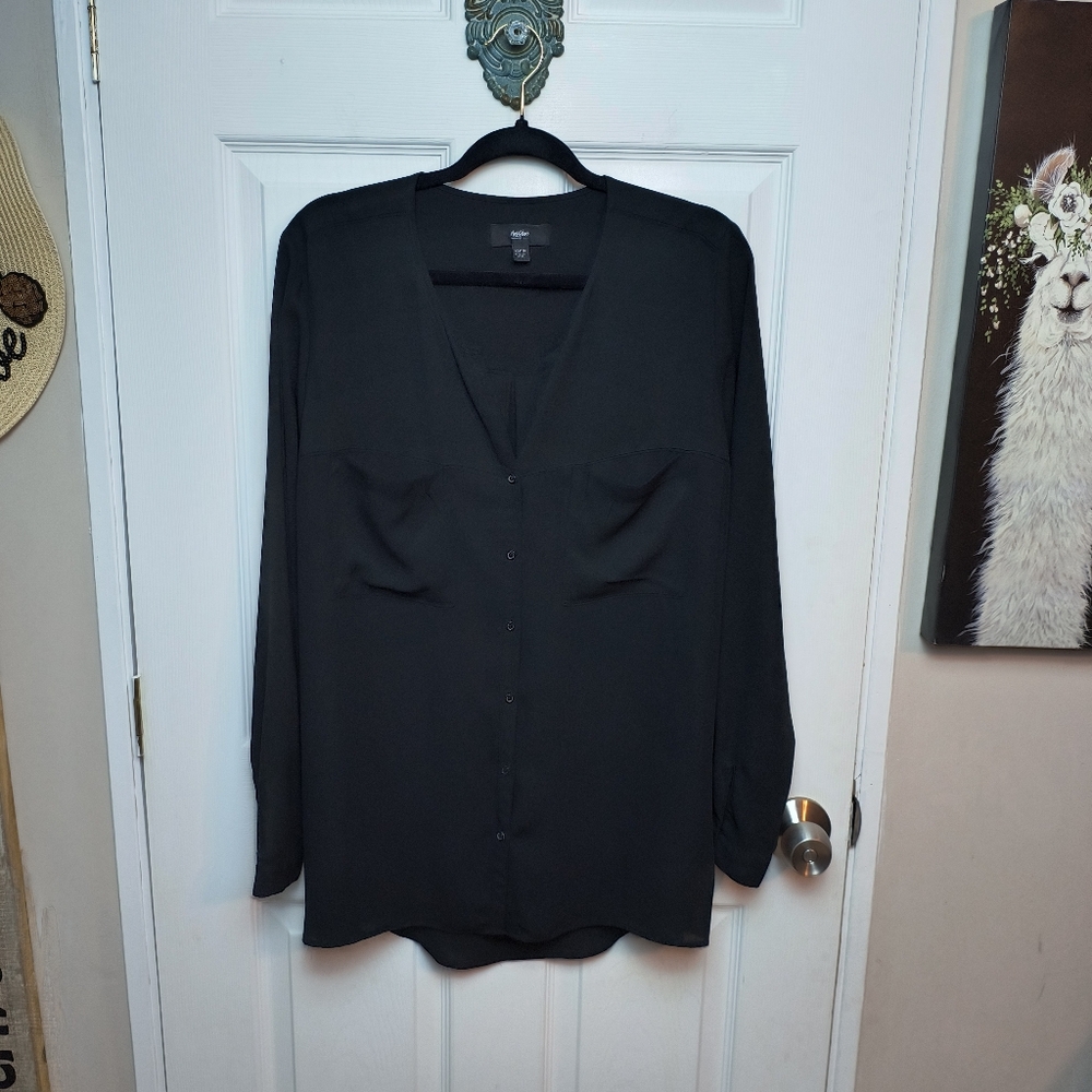 MOSSIMO Black Semi-Sheer  V-Neck Blouse Long  Sleeve Sz XXL